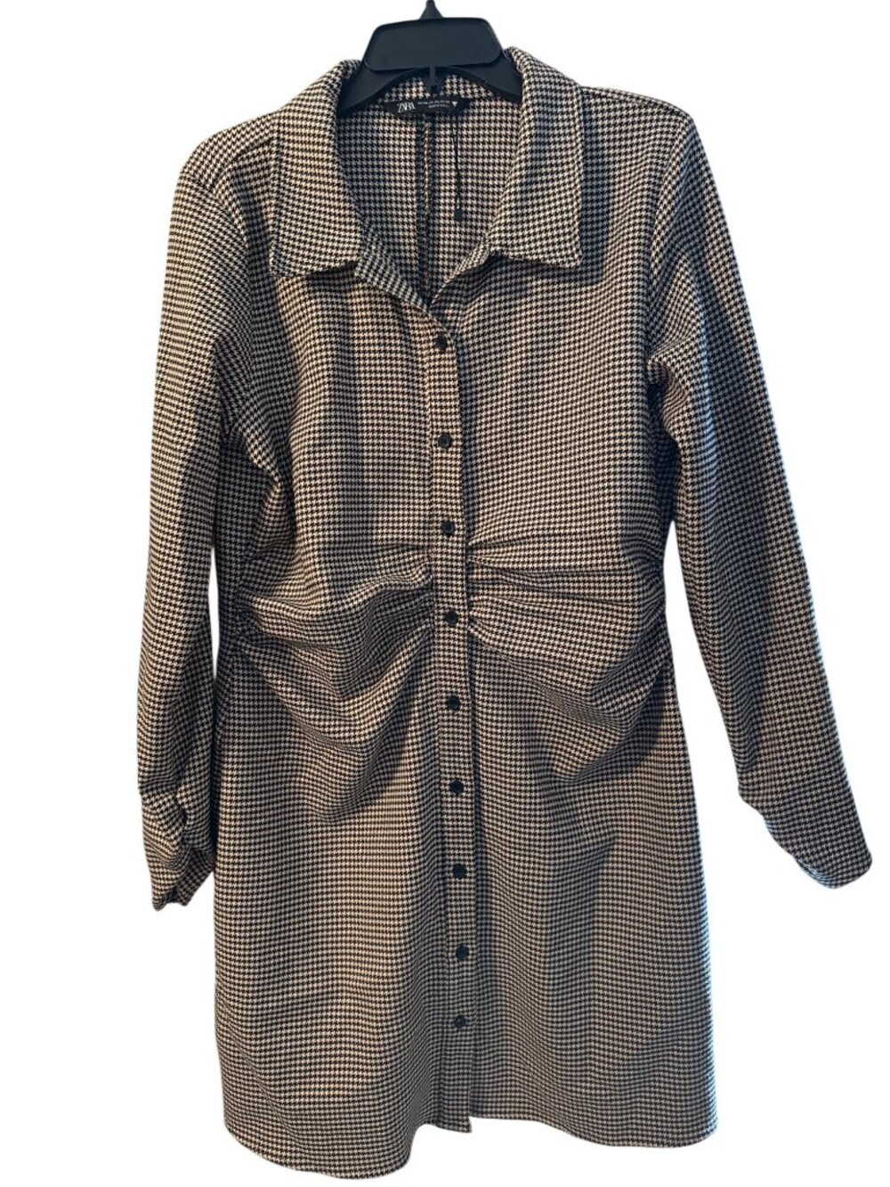 Zara Black Houndstooth Ruched Shirt Dress XXL